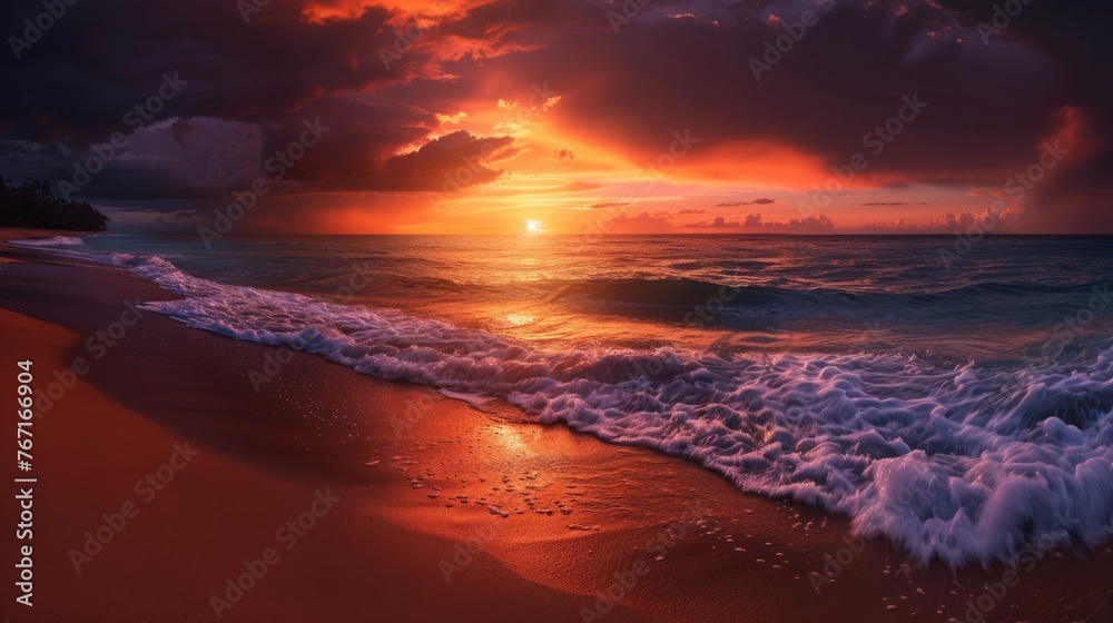 A Painting of a Sunset Over the Ocean