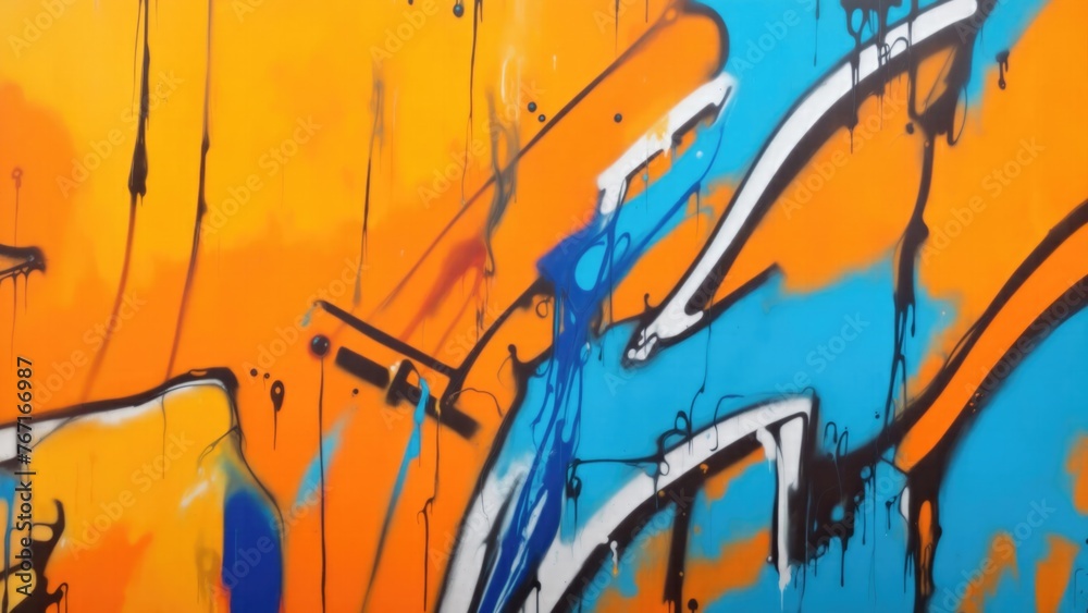 Colorful street art graffiti background. Orange, blue, yellow colors. Abstract wall surface with colorful drips, flows, streaks of paint and paint sprays