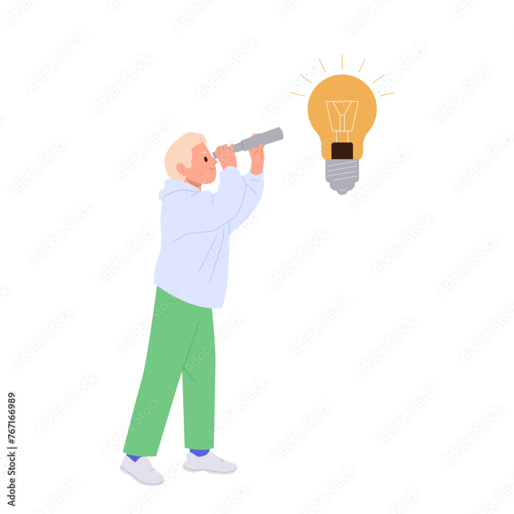 Man cartoon character looking via binocular at glowing lightbulb finding creative idea for business Man cartoon character looking via binocular at glowing lightbulb finding creative idea for business