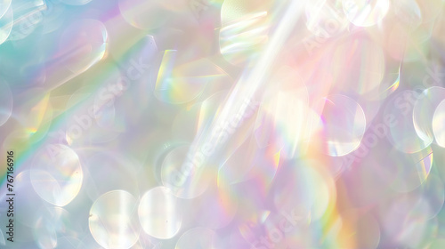 A closeup of iridescent light, reflecting rainbow colors and creating an ethereal atmosphere. The background is a soft pastel color with gentle gradients. 