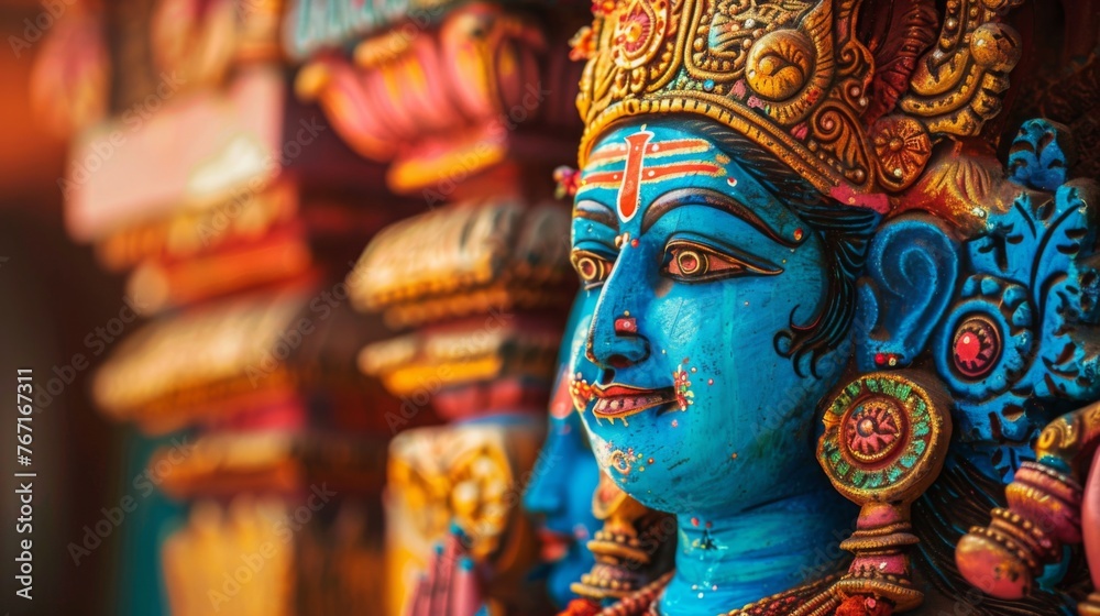 Close-up of colorful statue of vishnu hindu god in temple. Saraswati devi Goddess, Happy Vasant Panc Close-up of colorful statue of vishnu hindu god in temple. Saraswati devi Goddess, Happy Vasant Panc