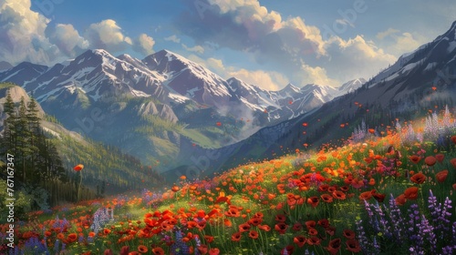 Whimsical spring landscape with vibrant poppy flowers blanketing the mountainside