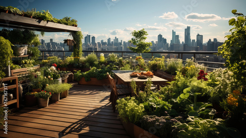 A city rooftop garden filled with rows of vegetables and herbs, highlighting the potential of urban spaces to produce fresh, organic food.