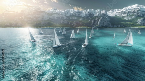 Sailboat regatta swimming in the sea waters over beautiful big mountains background. Luxury summer a