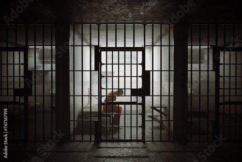 Canvas Print Evocative Silhouette of a Lone Person Inside a Dark, Desolate Jail Cell