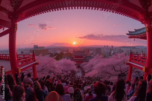 日本中国の神社と桜と夕焼けの景色の写真 