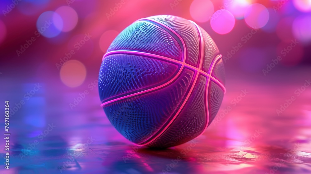 Basketball ball with glowing lines on colorful blue and pink neon light background. Futuristic sport concept. 3d rendering Basketball ball with glowing lines on colorful blue and pink neon light background. Futuristic sport concept. 3d rendering