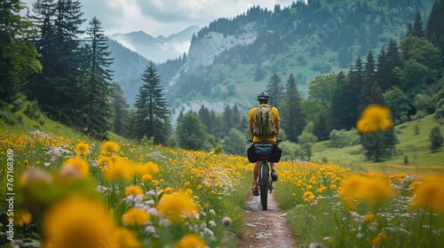 Active man rides his bike through a lush green valley with yellow flowers and a mountain backdrop