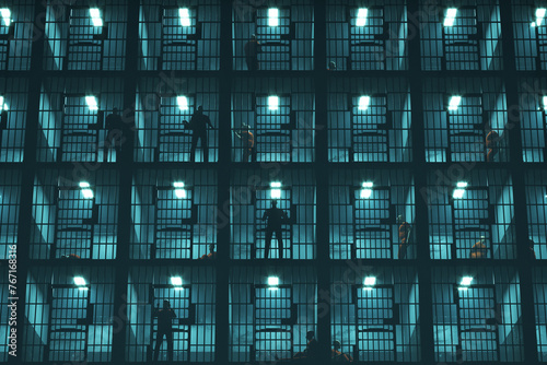 Sci-Fi Prison: An Artistic Rendering of Guards and Inmates in a Futuristic Cell