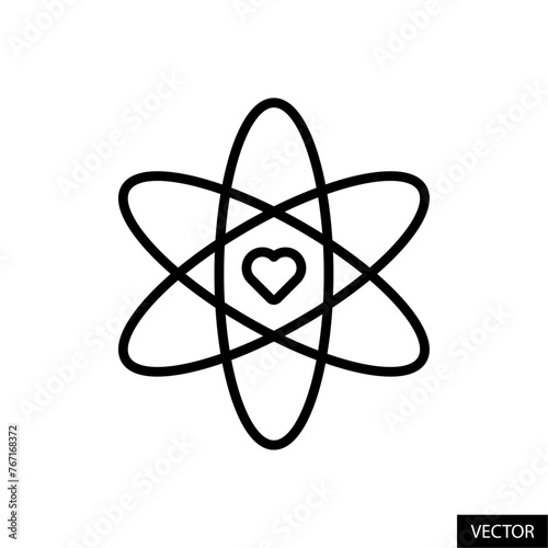 Atom with heart symbol, love science concept vector icon in line style design for website, app, UI, isolated on white background. Editable stroke. Vector illustration.