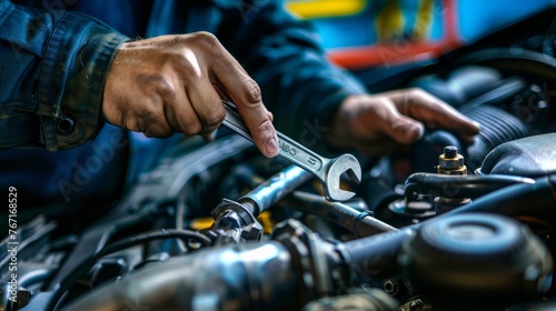 Mechanic's hand using wrench on car engine in garage. Automobile repair and maintenance concept