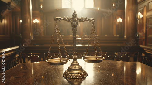 A photo of an ornate scale of justice on a table with a courtroom background, representing law and emotion with cinematic lighting photo