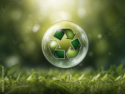 A bubble with green recycle symbol on blurred natural background. Eco-friendly recycling concept