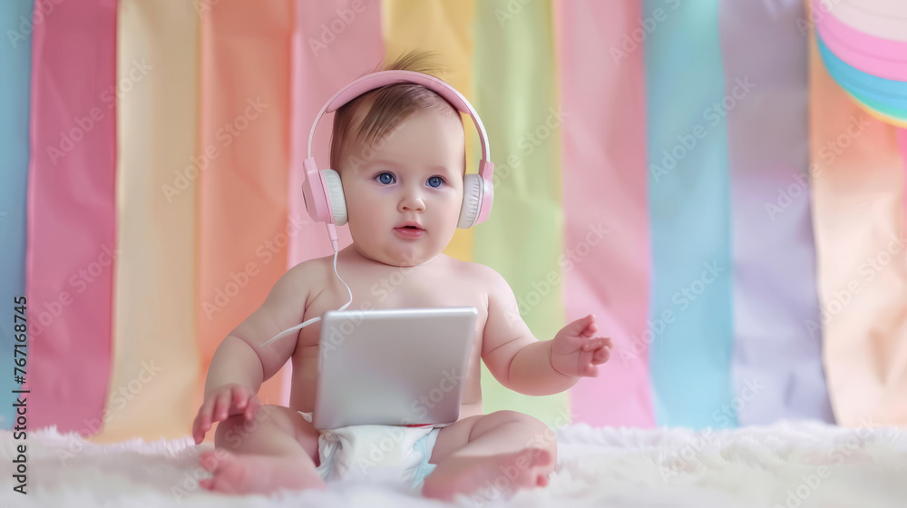 Friendly and modern diaper baby with headphones and tablet in hand on soft color background. Friendly and modern diaper baby with headphones and tablet in hand on soft color background.