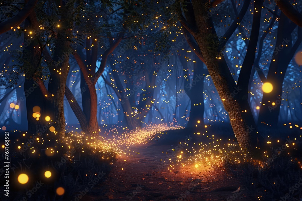 Enchanted Forest: A Magical Nighttime Journey Amidst Glowing Lights