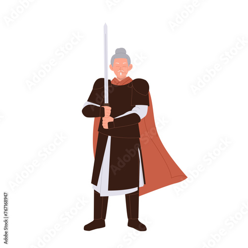 Brave mature senior grey-haired Chinese man warrior holding sword isolated on white background