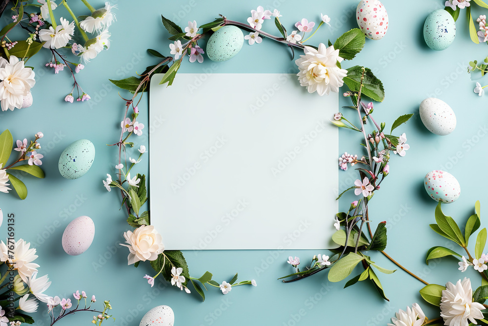 Colorful wreath made of various flowers, easter eggs, and leaves on a pastel blue background Colorful wreath made of various flowers, easter eggs, and leaves on a pastel blue background
