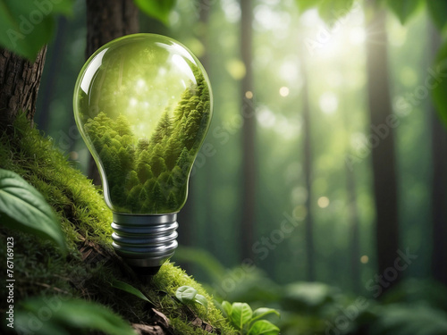 A green light bulb with icon or copy space on blurred green forest background. Eco-friendly or save the Earth concept photo