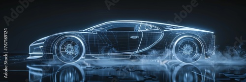 3D blueprint of a luxury coupe, glowing edges on a black mirrored surface, subtle smoke around tires