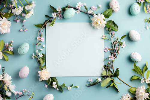 Colorful wreath made of various flowers, easter eggs, and leaves on a pastel blue background