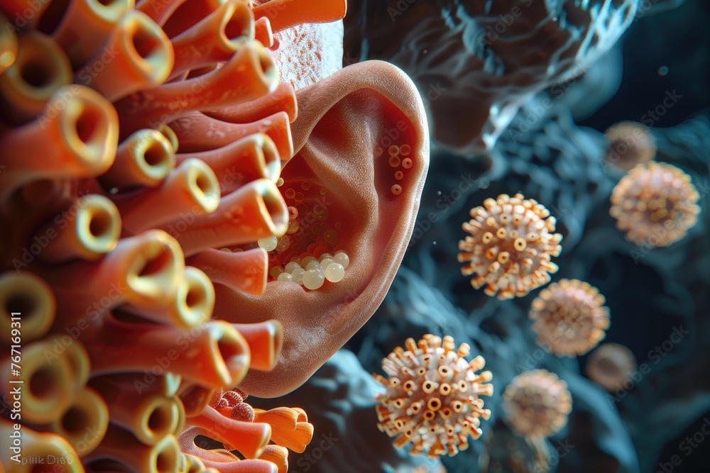 Simplified illustration of the human ear canal with bacteria leading to ...