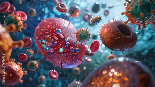 Visualization of the interaction between human cells and the hepatitis virus, focusing on liver cell infection and response 3D illustration