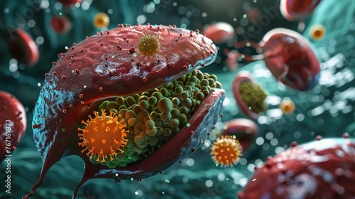 Visualization of the interaction between human cells and the hepatitis virus, focusing on liver cell infection and response  3D illustration photo