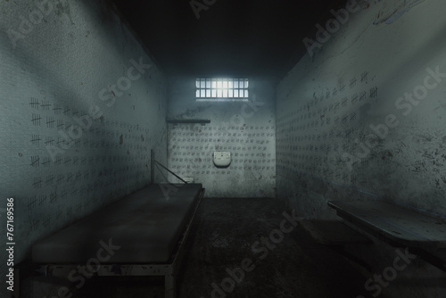 Obraz na płótnie Eerie Abandoned Prison Cell with Tally Marks Decorating the Walls w salonie