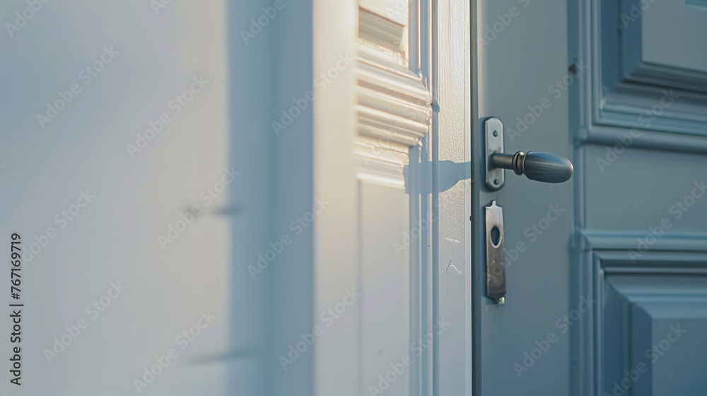 New clean light gray front door. Close-up of a modern simple lock
