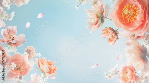 A frame of flowers on the right side with a blue background, using light pastel colors like pink and orange, with a large space in the center for text, in a minimalistic style,