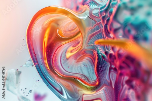 Artistic rendition of the ear anatomy, focusing on the cochlea and auditory nerve with a splash of abstract colors  3D illustration photo