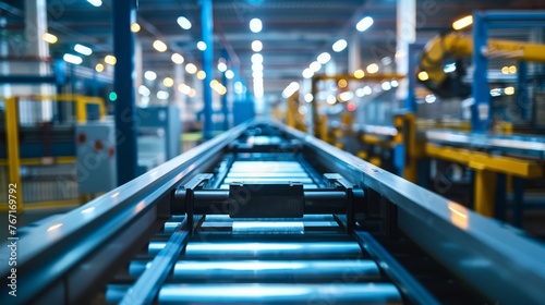 Focused conveyor belt in factory production line with blurred industrial background