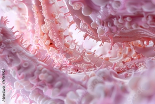 Closeup view of the colon mucosa, depicting the crypts of Lieberkuhn and goblet cells, crucial for mucus production  3D illustration photo