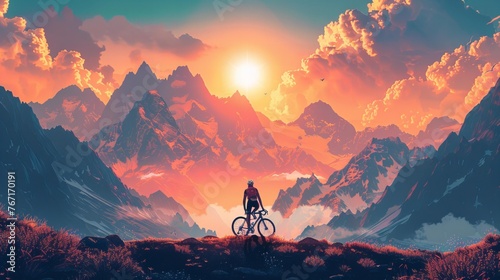 Cyclist enjoying breathtaking view of snow-capped mountains during a beautiful sunset on a clear day © RECARTFRAME CH