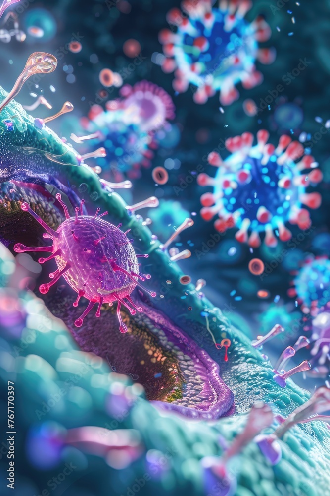 Diagram of a virus replicating inside a human cell, showing the stages of viral takeover and new virus assembly 3D illustration Diagram of a virus replicating inside a human cell, showing the stages of viral takeover and new virus assembly 3D illustration