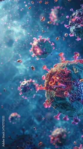 Detailed illustration of a human cell under attack by a swarm of viruses, showcasing the viral entry process 3D illustration
