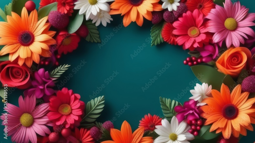 A colorful bouquet of flowers with a white background. The flowers are arranged in a circle, with some roses and daisies. Scene is cheerful and bright, as the colors of the flowers are vibrant