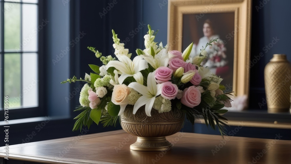 A vase of flowers sits on a wooden table. The flowers are white and pink, and the vase is gold. The table is surrounded by a blue wall, and there is a picture of a woman on the wall A vase of flowers sits on a wooden table. The flowers are white and pink, and the vase is gold. The table is surrounded by a blue wall, and there is a picture of a woman on the wall