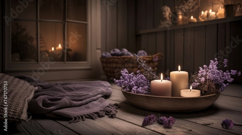 Candle, spa and relax with aromatherapy treatment in a tray in a room for luxury or wellness. Backgr