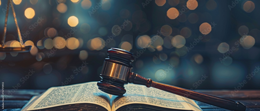 A gavel striking a book, illustrating the enactment of law and order - obrazy, fototapety, plakaty 