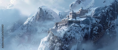 A frostcovered fortress etched into the side of a glacial mountain