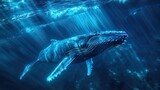 A humpback whale with neon blue echo waves, singing in the vast ocean expanse