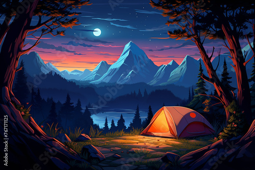 Campfire and tent as camping vacation illustration in Blacklight flat style illustration of Camping Evening Scene. Tent, Campfire, Pine forest and rocky mountains background, starry nigh Generative Ai