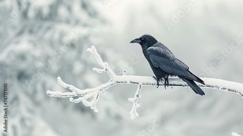 A jetblack crow on a snowy white branch in a studio setting, embodying the natural contrast and balance of opposites photo