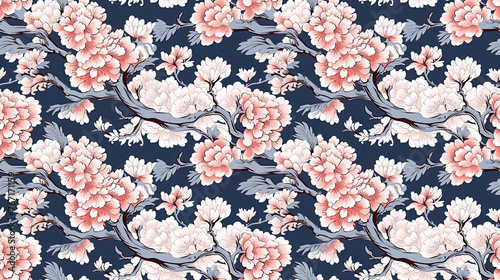 Flower pattern, beautiful soft pink seamless floral wallpaper, summer nature design on a blue background