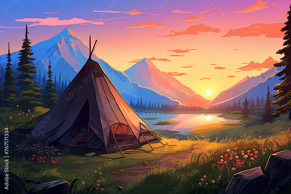 starry camp site with a bonfire illustration Conceptual illustration of camping with mountains and forest in the background. Conceptual illustration of camping at sunset Generative Ai