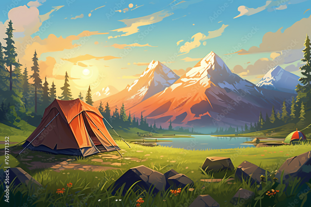 starry camp site with a bonfire illustration Conceptual illustration of camping with mountains and forest in the background. Conceptual illustration of camping at sunset Generative Ai