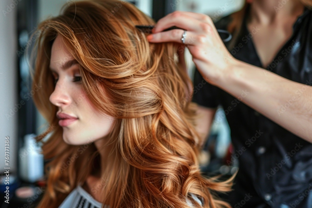 Fototapeta premium Hair Care Routine for Healthy, Shiny Hair. Hairdresser Styling Long Wavy Hair of Young Woman in Modern Salon with Natural Lighting.