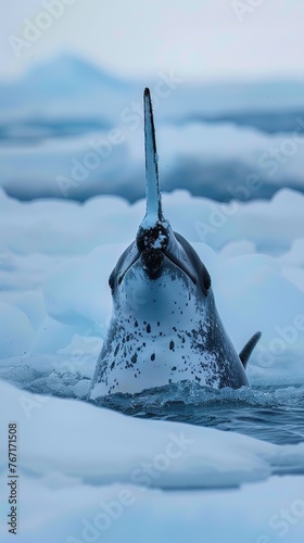 A narwhal with a neon blue sonic horn, breaking through the Arctic ice from below photo