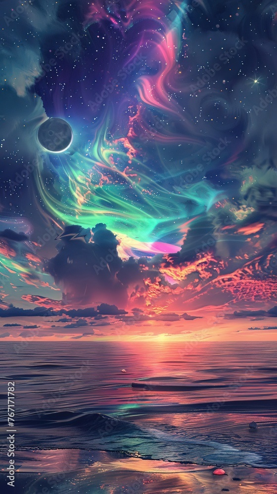 A planet where the night sky is filled with rainbow auroras, painting dreams in the atmosphere